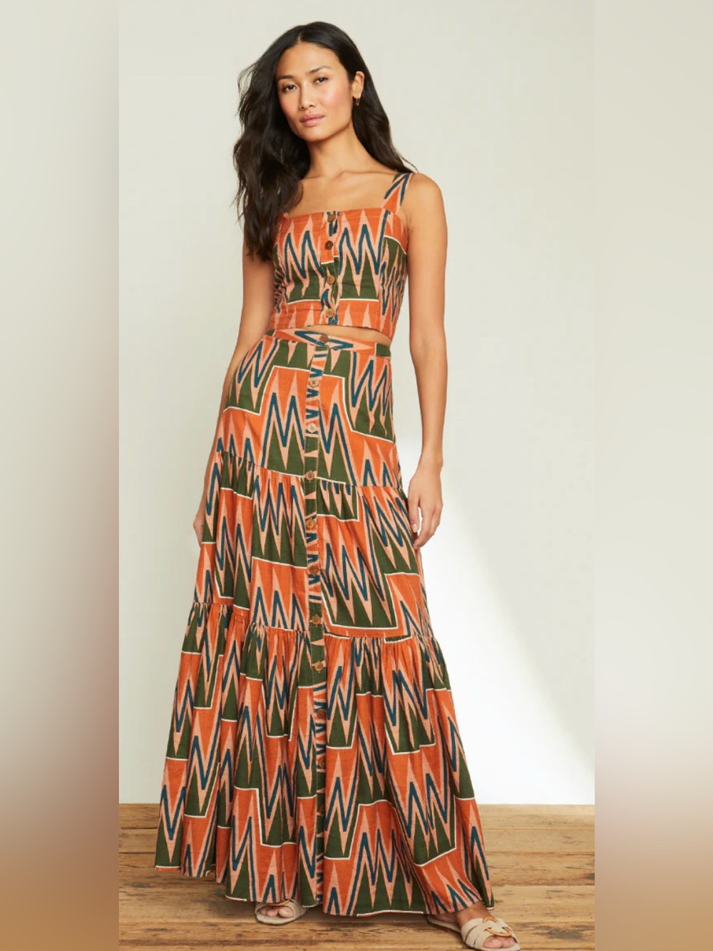 Veronica Beard Tiffany Crop Top Sundance Maxi Skirt Set S Linen Cotton Abstract